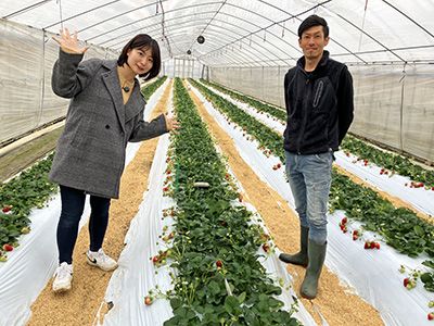 イチゴハウス入口前で２ST